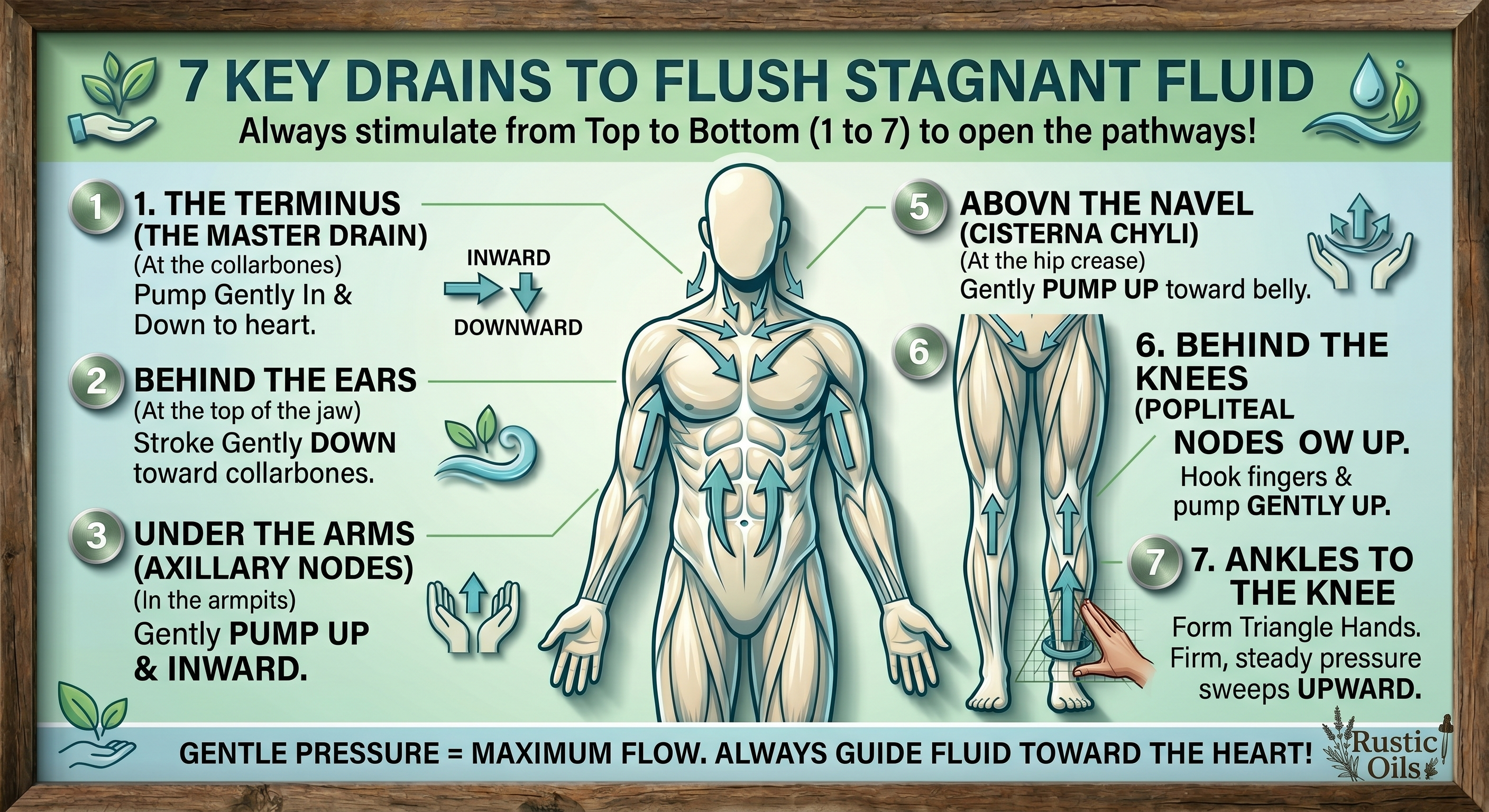 Illustrated guide to lymphatic drainage massage showing the 7 key drainage points on the body