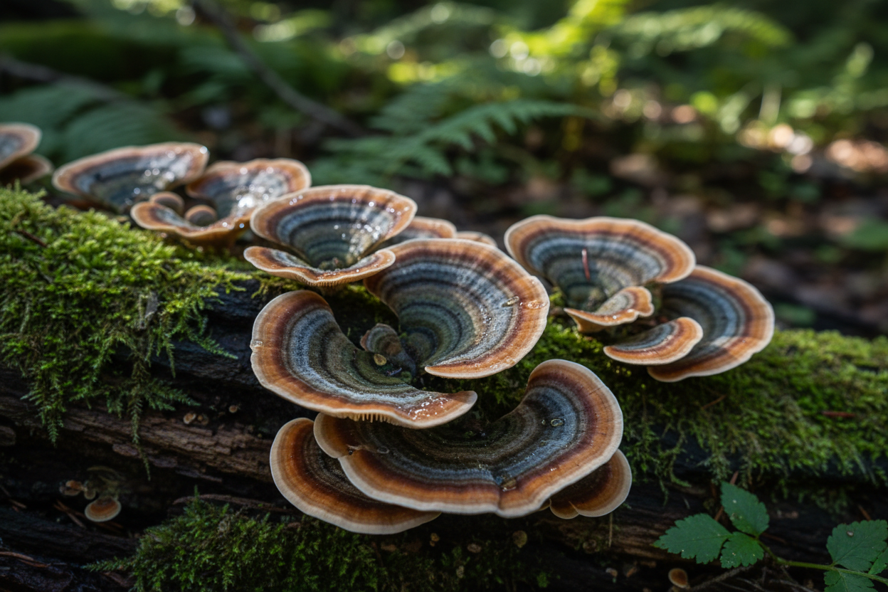 Turkey Tail mushroom growing on a log