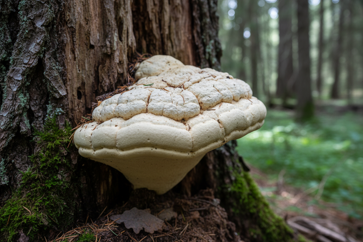 Agarikon mushroom growing on an old-growth conifer in its natural environment