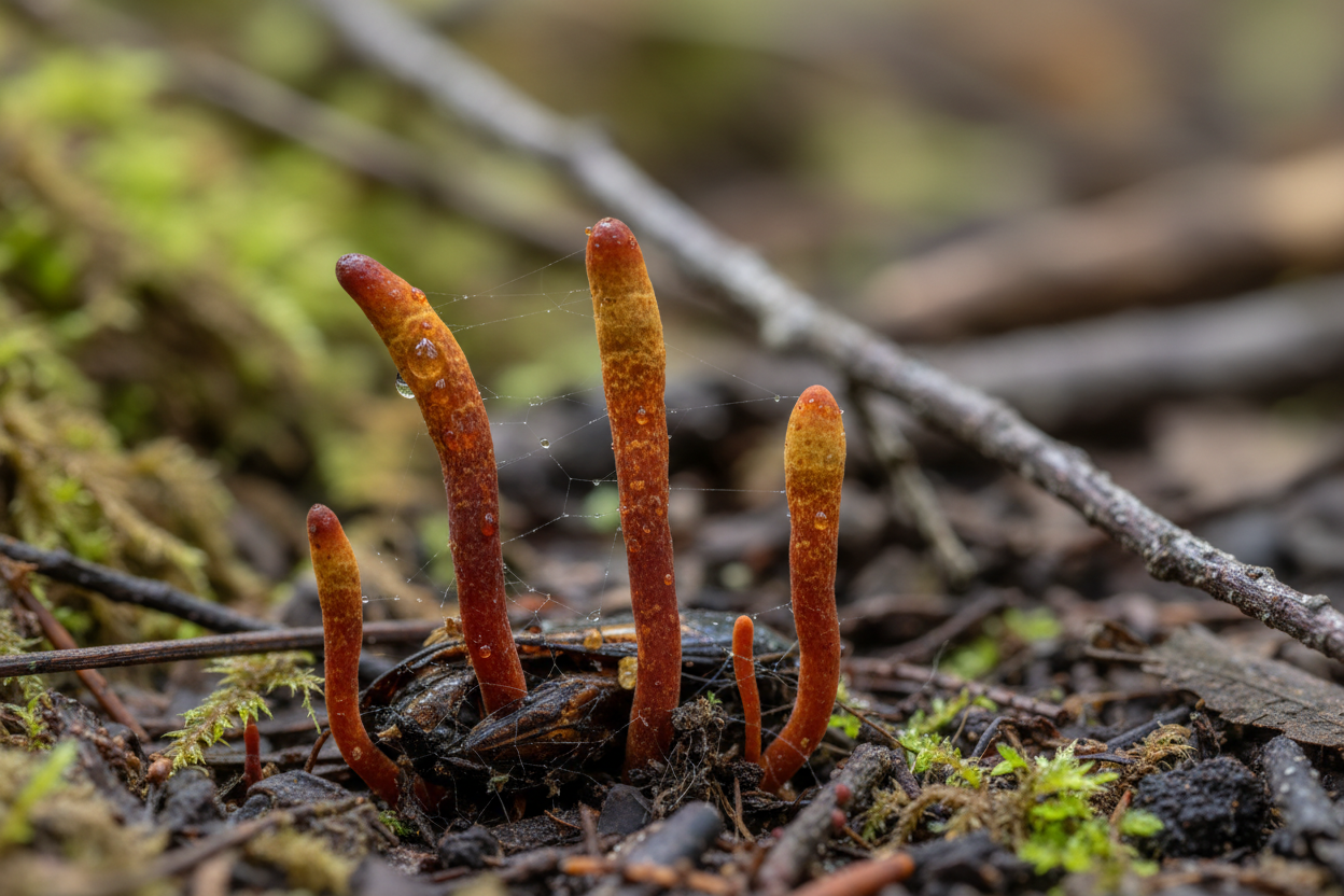 Cordyceps mushroom growing in its natural environment
