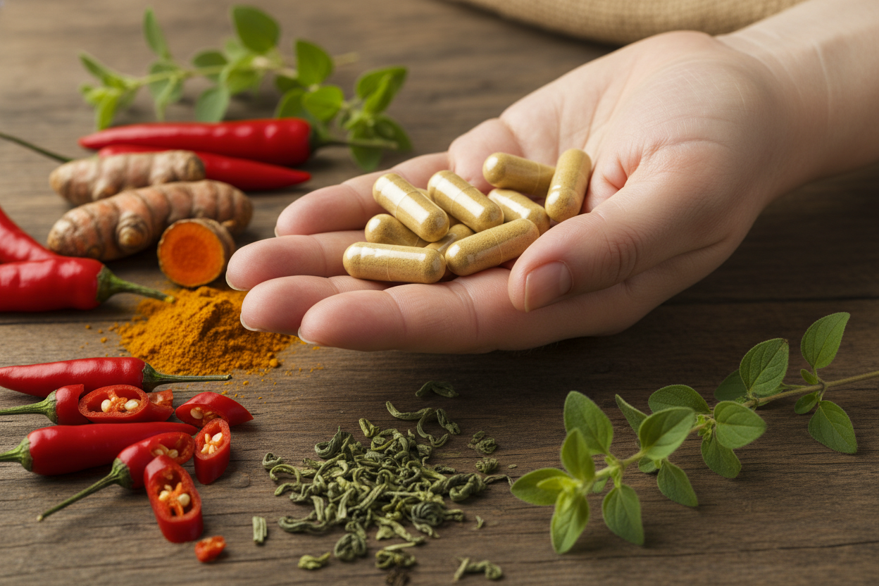 Handful of supplements next to a variety of botanicals