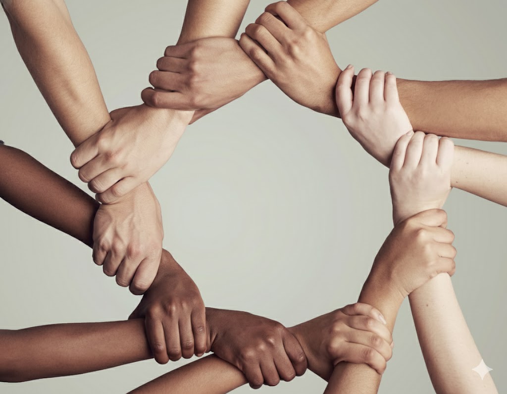 Many different skin types holding each others wrist in a circle