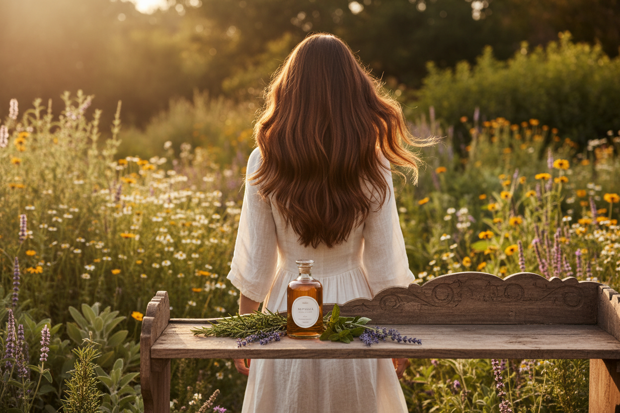Woman with beautiful hair standing in a field of wildflowers