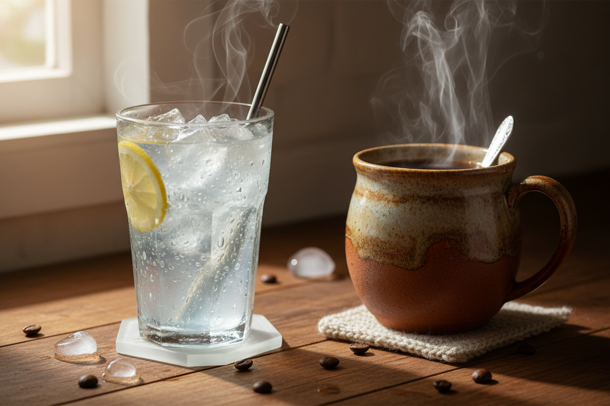 Glass of water and cup of coffee on a rustic table