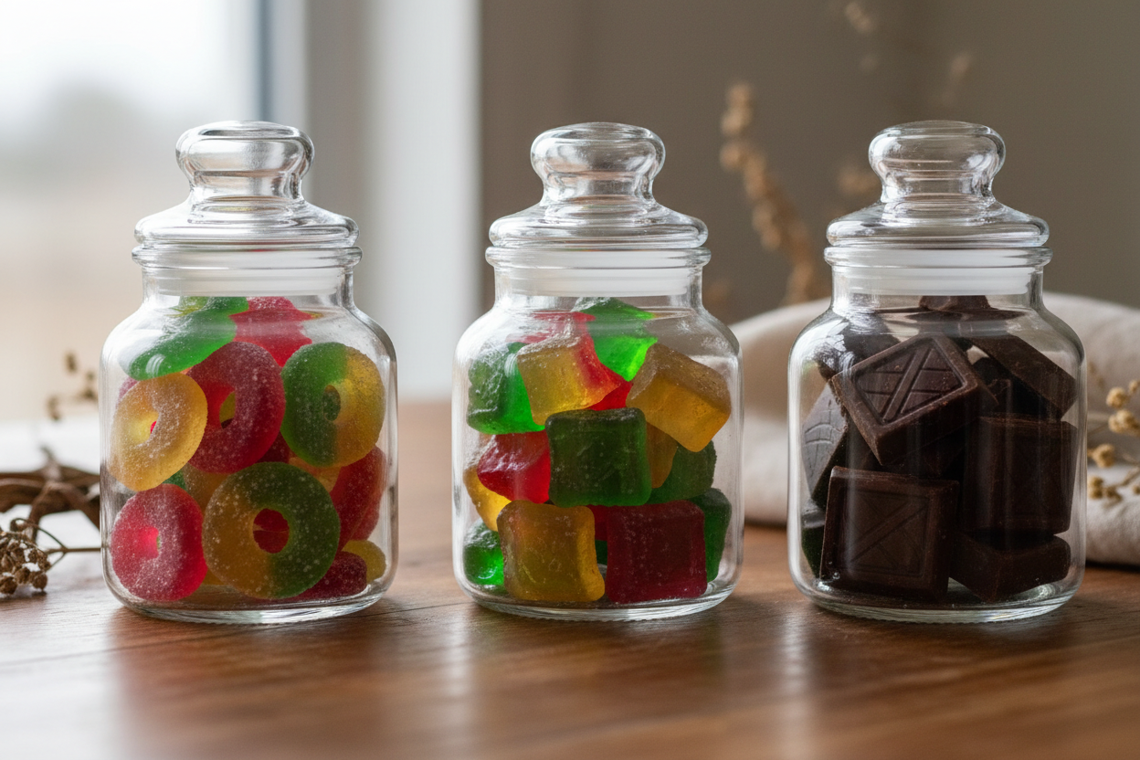 3 jars with gummies and chocolate on a table with decorations around them