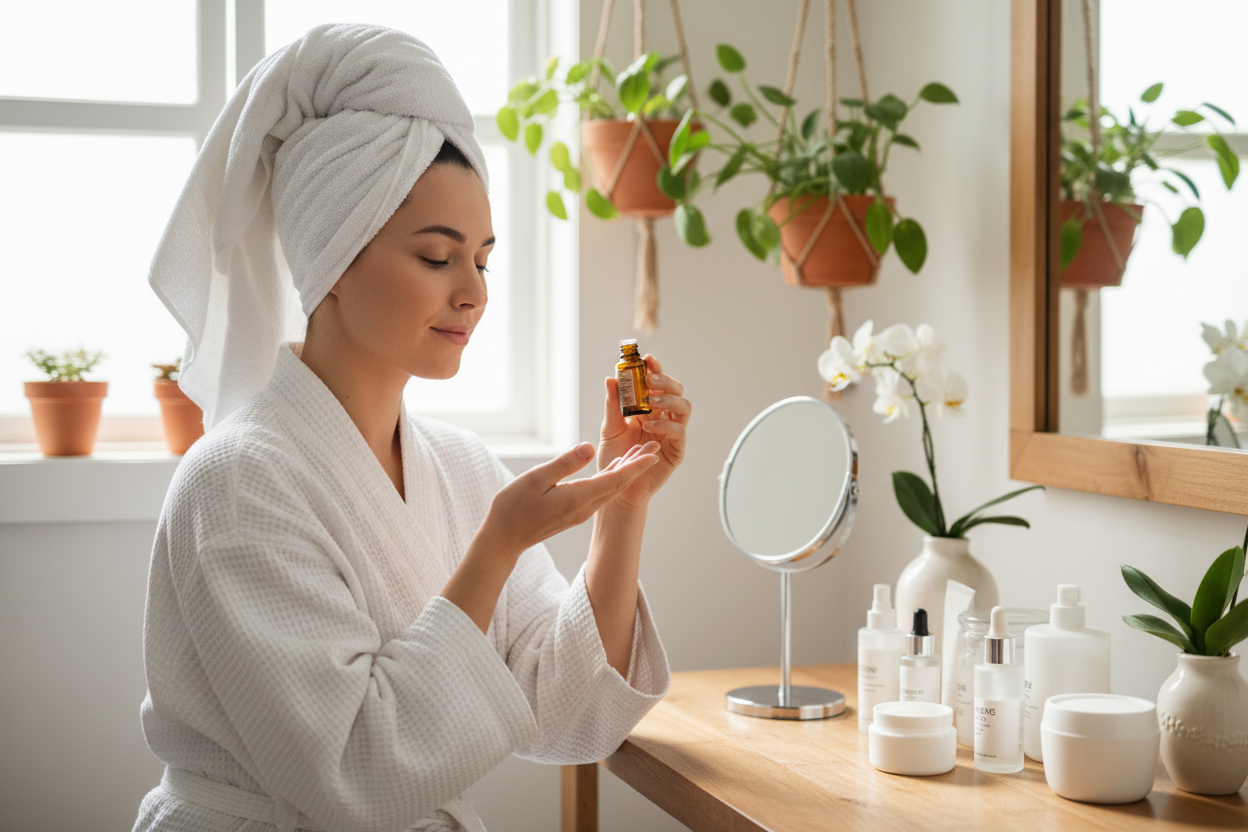 Woman, fresh out of the shower, doing her skincare routine