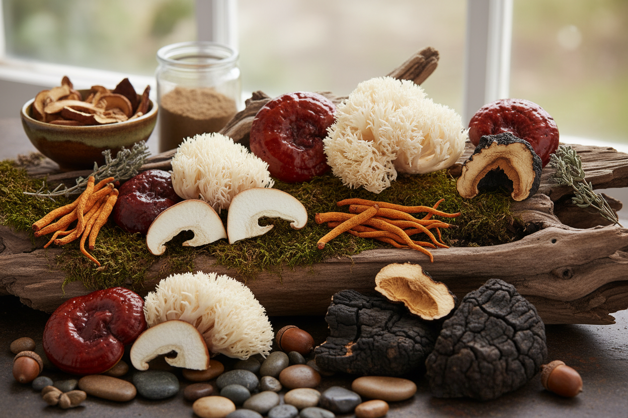Various nutritional mushrooms on a mossy log