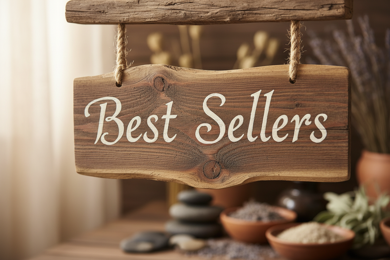 Best Sellers rustic sign in an apothecary setting