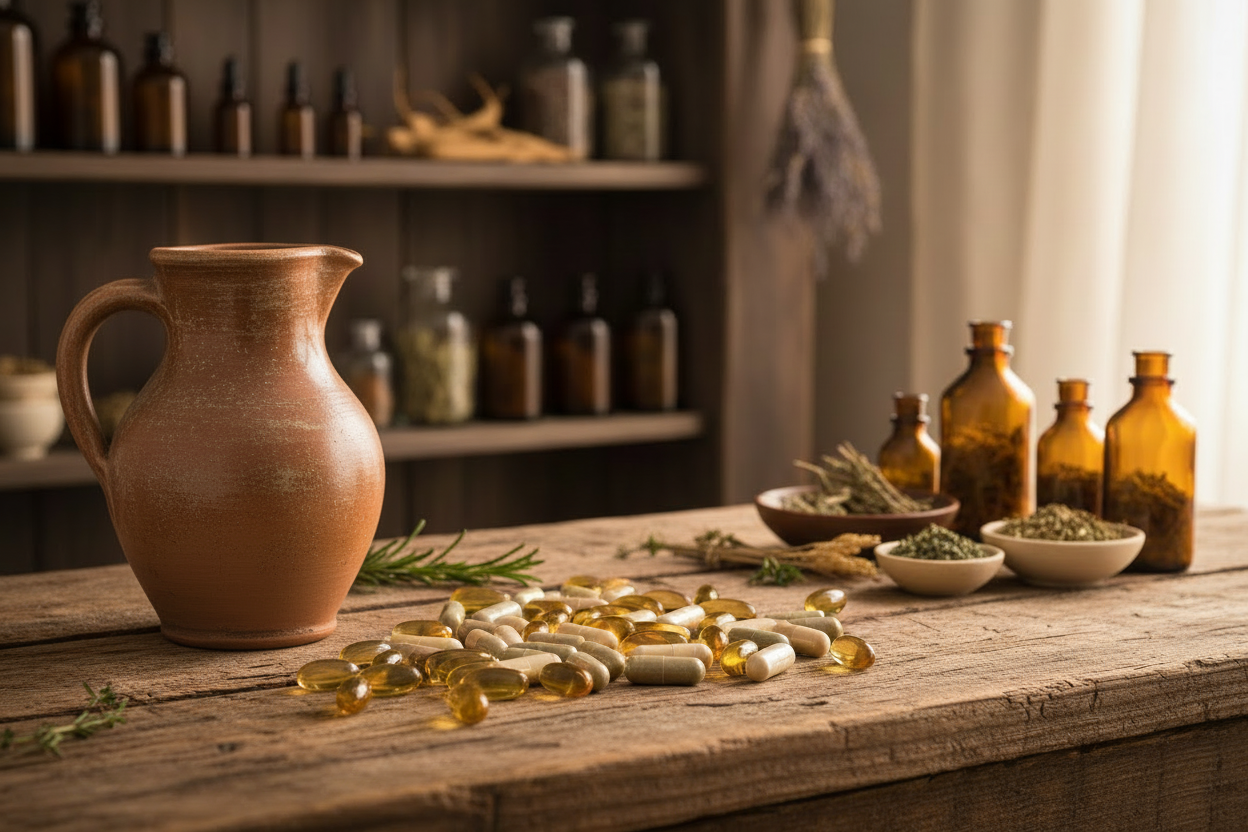Rustic table with capsules, a privative water jug, and amber bottles