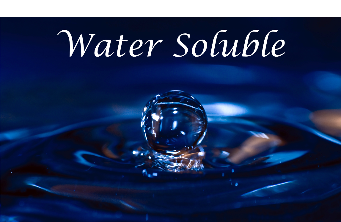 The words water soluble on a dark blue background with water drops