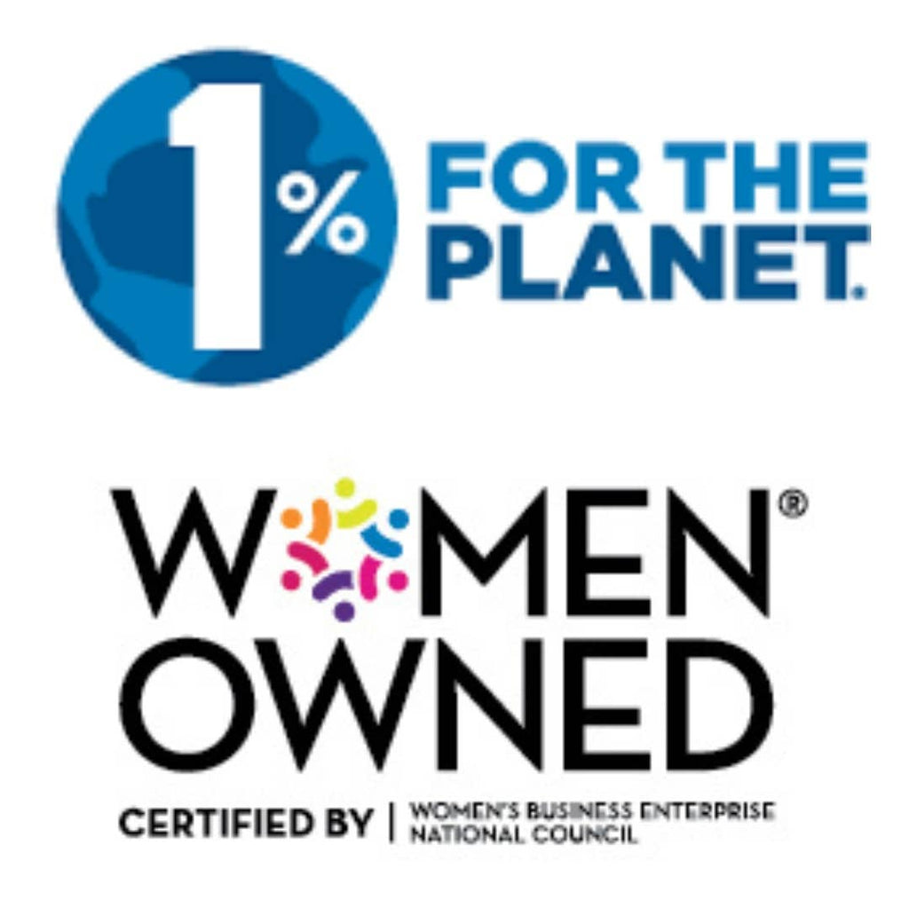 Logos for '1% for the Planet' and 'Women Owned' certification on a white background