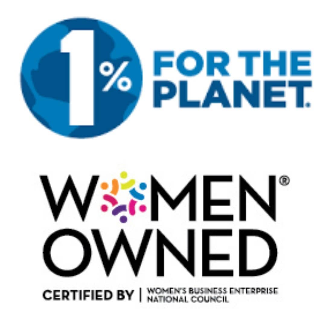 Logos for '1% for the Planet' and 'Women Owned' certification on a white background