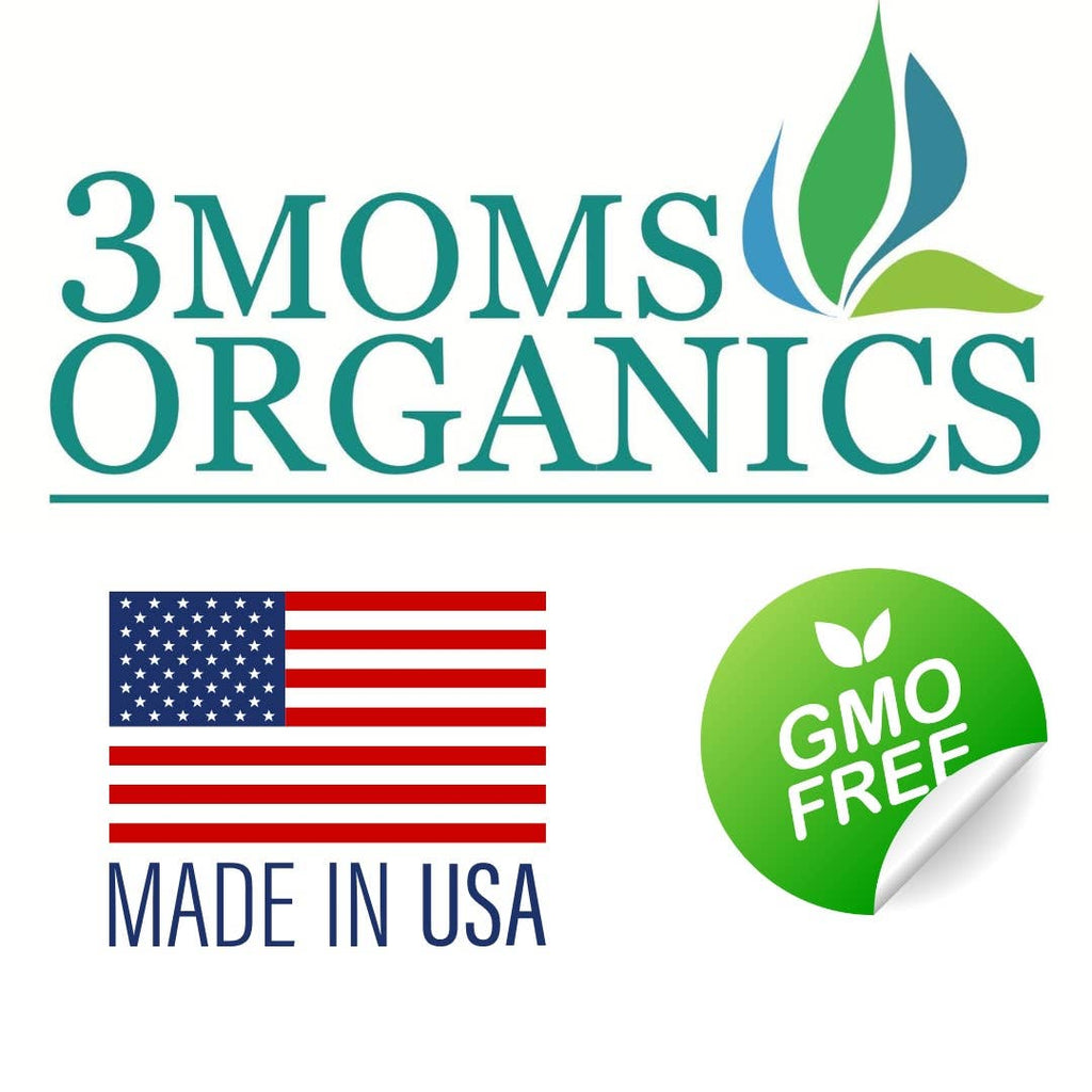 3Moms Organics logo with an American flag and GMO free label on a white background