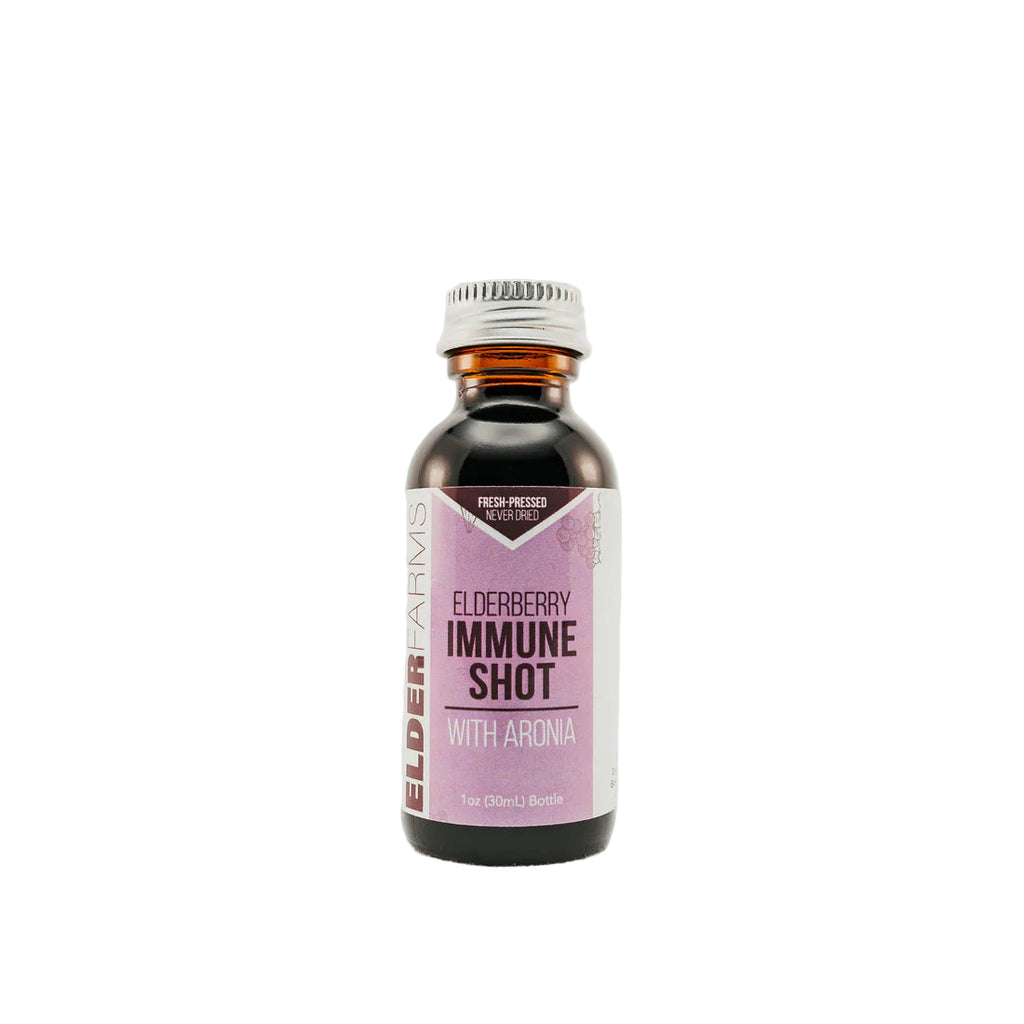 Bottle of Elderberry Immune Shot with Aronia on a white background