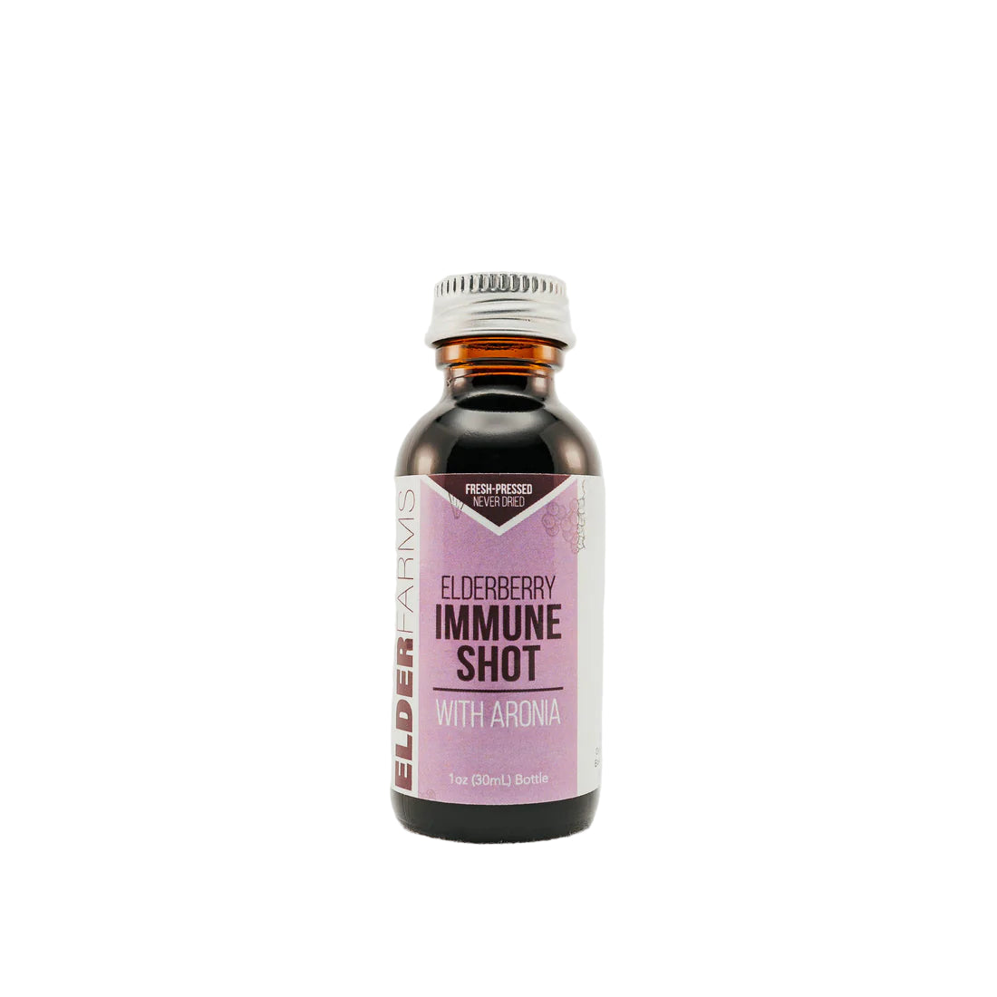 Bottle of Elderberry Immune Shot with Aronia on a white background