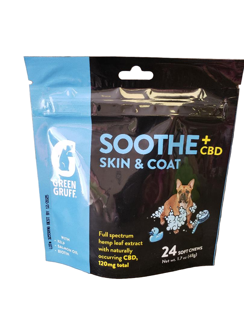 Packaging of Green Gruff Soothe Skin & Coat CBD soft chews for dogs on a white background.