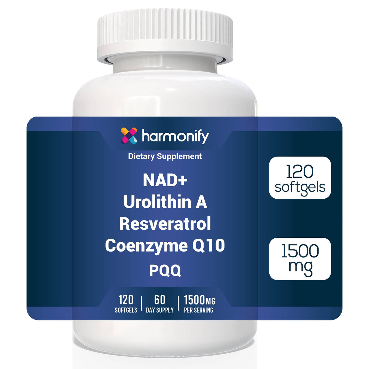 A white plastic bottle of harmonify NAD+ Urolithin A Resveratrol Coenzyme Q10 PQQ dietary supplement, featuring a dark blue label with white text and icons indicating 120 softgels and 1500 mg.