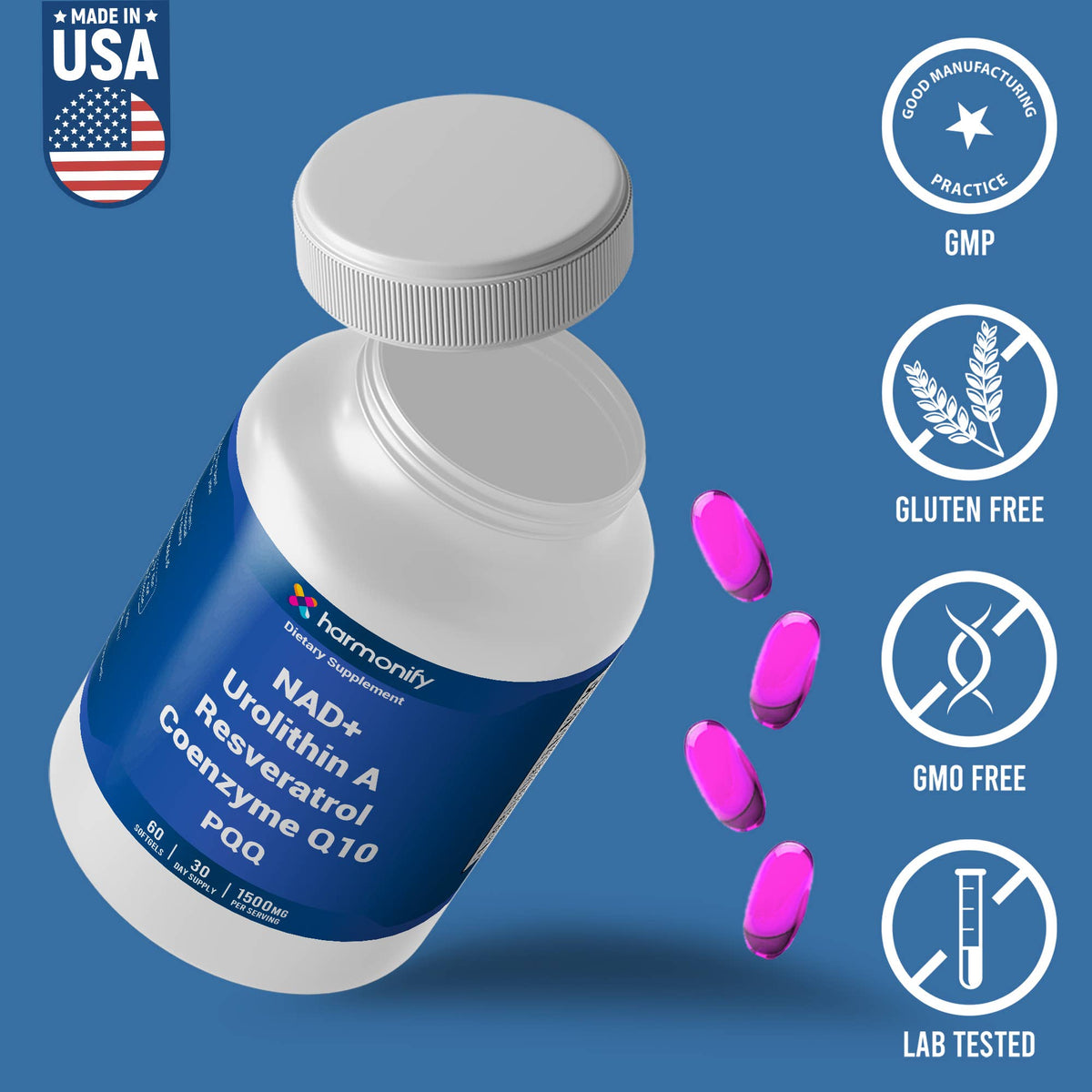 A white supplement bottle labeled 'harmonv Urolithin A Fisetteratol Coenzyme Q10 PG' on a blue background, with several pink capsules floating beside it and feature icons for Made in USA, GMP, gluten free, GMO free, and lab tested.