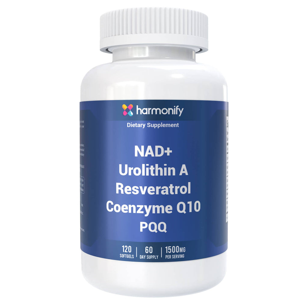 A white plastic bottle of harmonify NAD+ Urolithin A Resveratrol Coenzyme Q10 PQQ dietary supplement, featuring a blue label with white text.