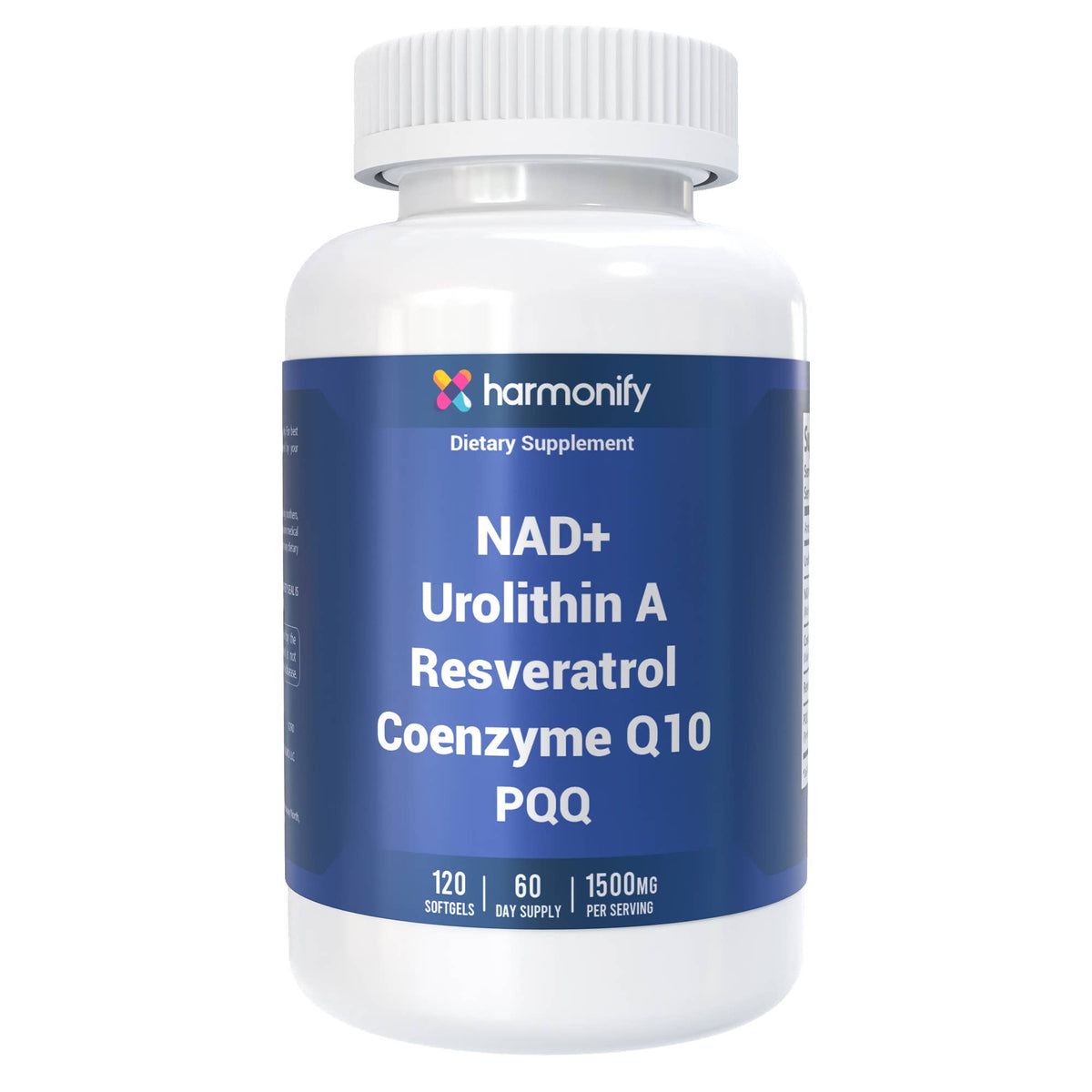 A white plastic bottle of harmonify NAD+ Urolithin A Resveratrol Coenzyme Q10 PQQ dietary supplement, featuring a blue label with white text.