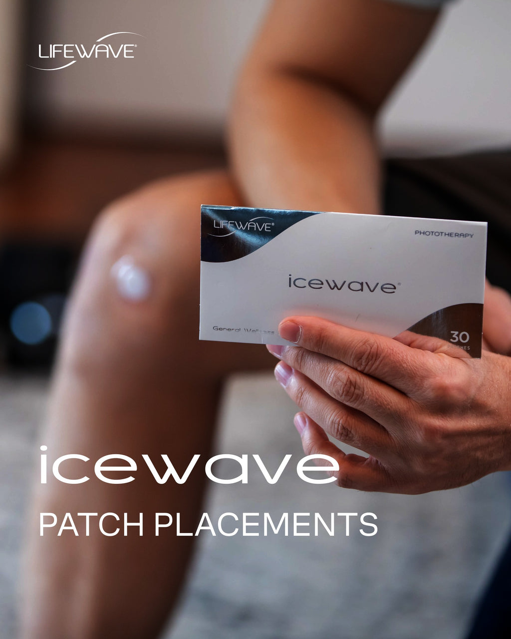 Person holding a box of Icewave patches with blurred background