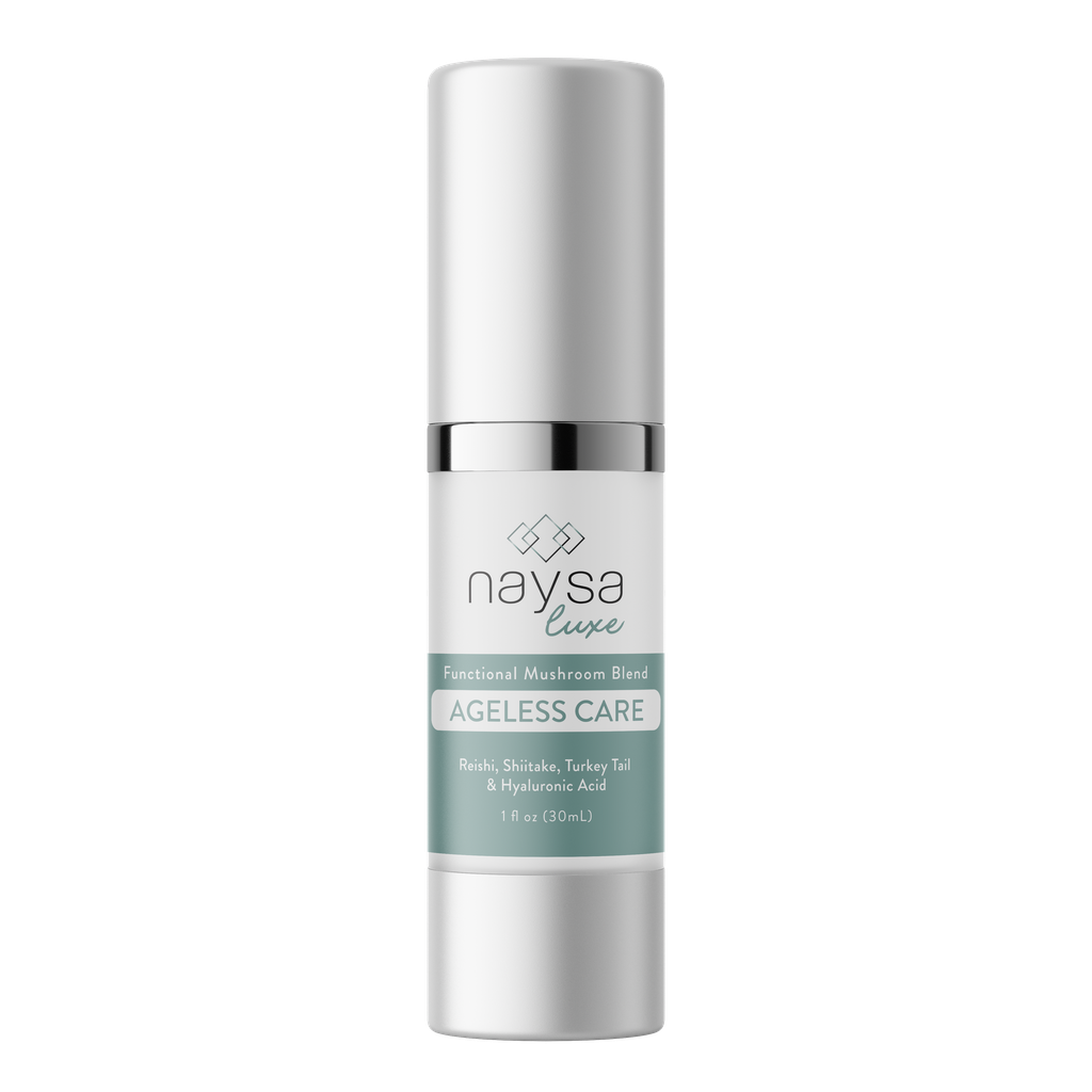 Naysa Luxe Functional Mucin Blend Ageless Care skincare bottle, featuring a white and silver cylindrical container with a mint green label band, set against a solid white background.