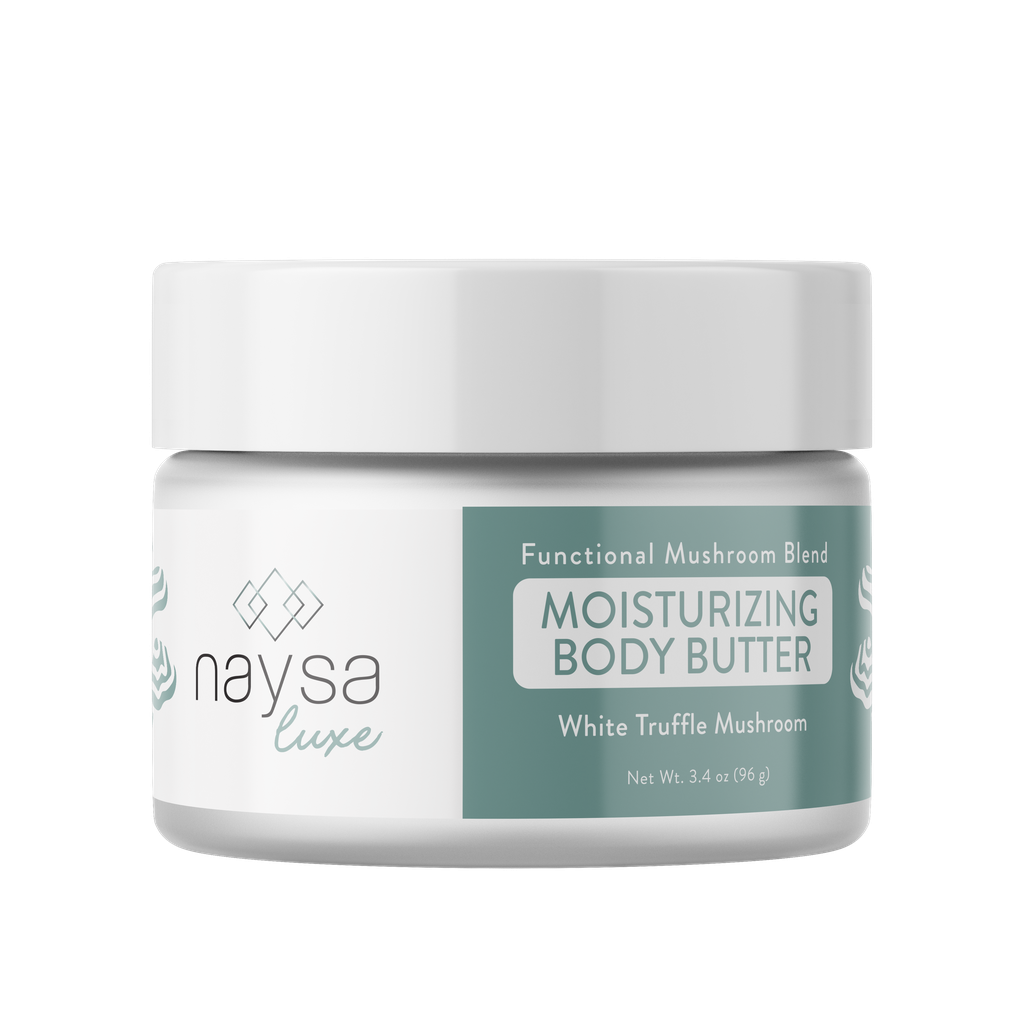 A white plastic jar of Naysa Luxe Moisturizing Body Butter with a white lid, featuring a label with a white and sage green design, on a solid white background.