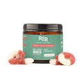 Jar of R&R CBD gummies with gummy rings in front on a white background
