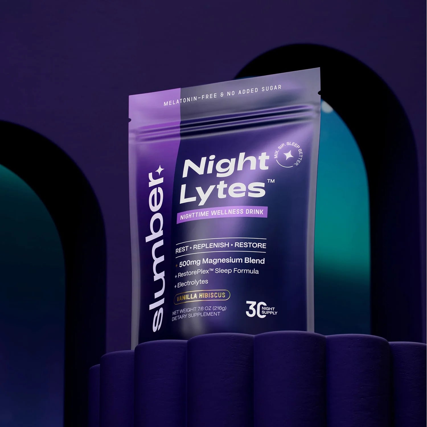 Purple package of Night Lytes supplement with a dark purple background