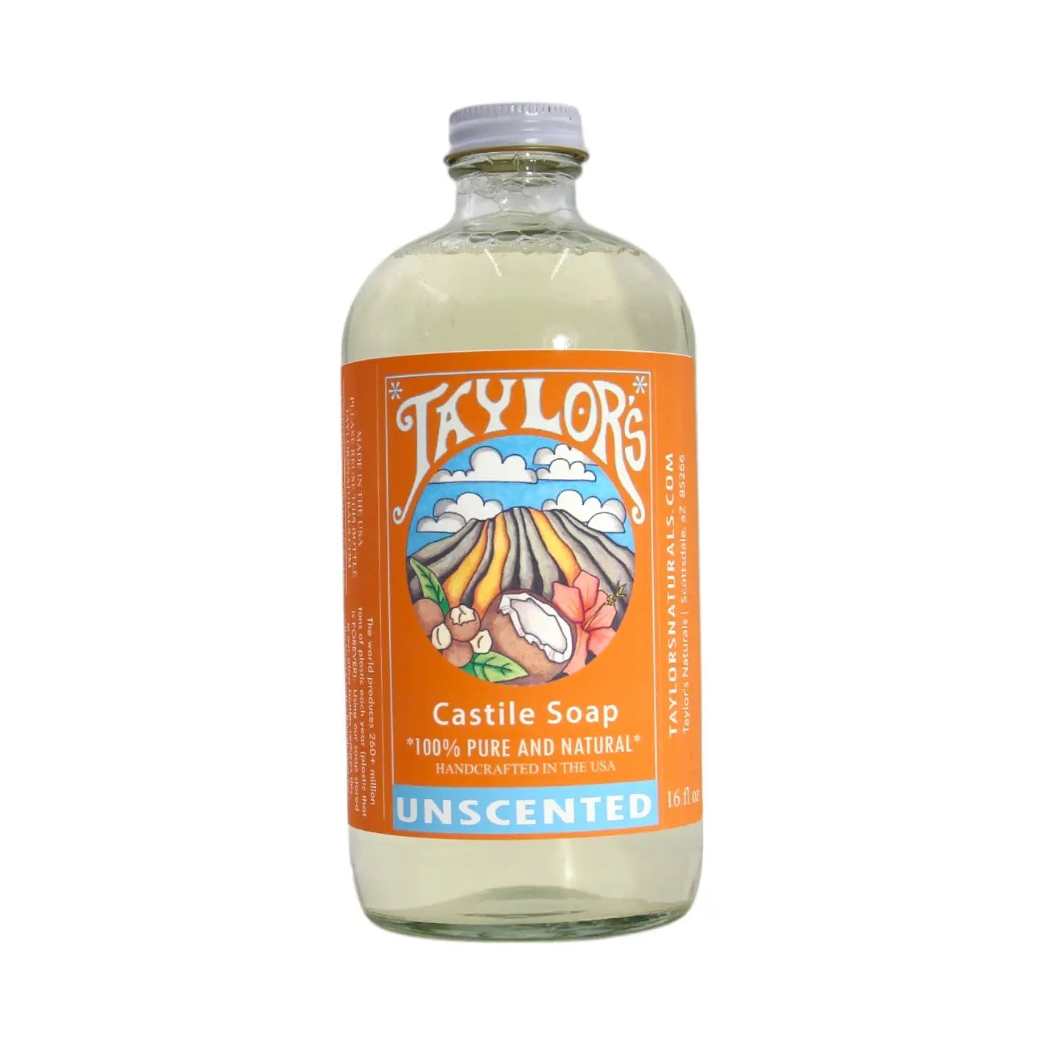Bottle of Taylors Castile Soap with an orange label on a white background