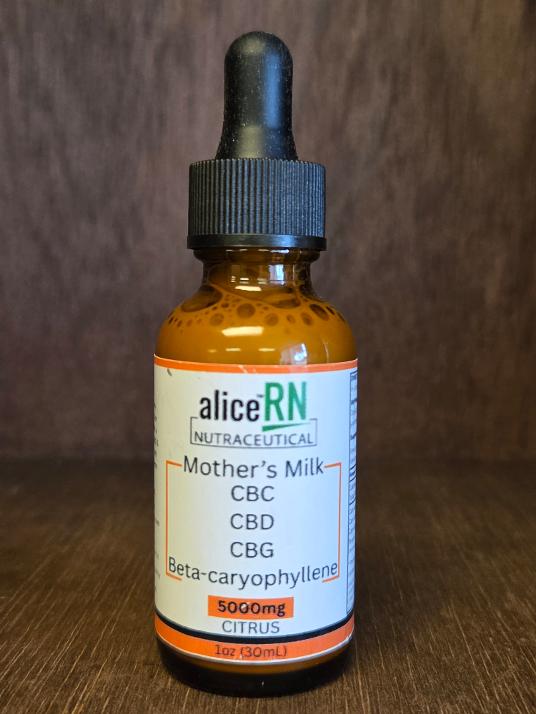 A 30mL amber glass dropper bottle of aliceRN Nutracetical 'Mother's Milk' CBD tincture, containing 5000mg CBD Citrus, set against a dark brown wood background.