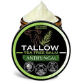 Tallow tea tree balm jar with visible cream on a white background