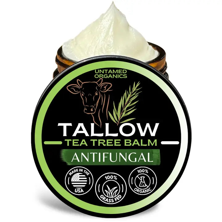 Tallow tea tree balm jar with visible cream on a white background