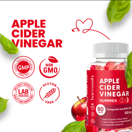 Apple cider vinegar gummies with branding and product details on a white background
