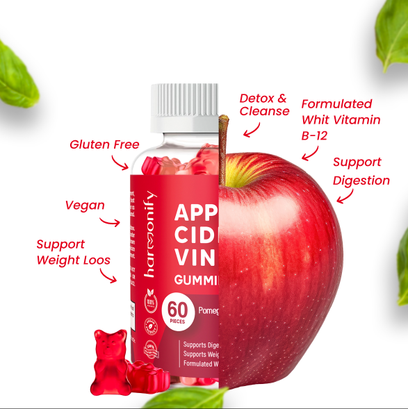 APP CID VIN GUMMI bottle with red apple and gummy bears on a white background