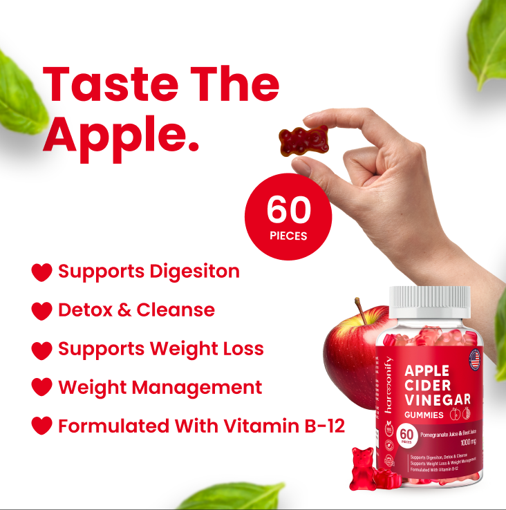 Apple cider vinegar gummies with a hand holding a gummy, labeled 'Taste The Apple', on a white background.