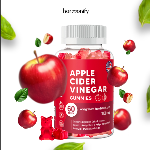 Bottle of Apple Cider Vinegar Gummies with apples and leaves on a white background, featuring the brand 'harmonify'.