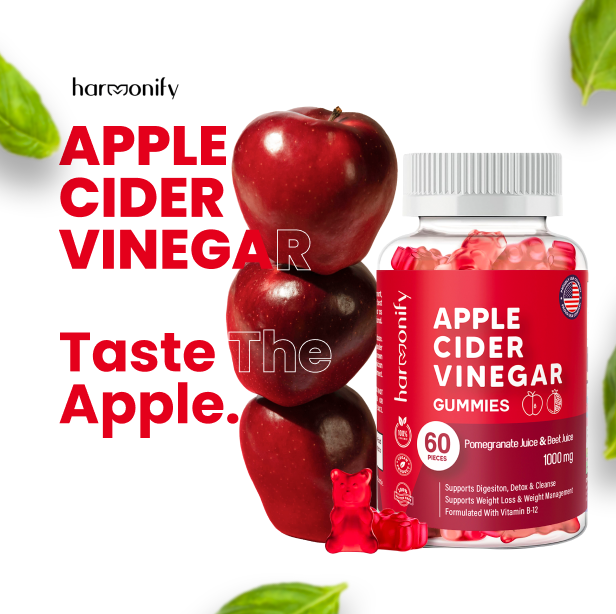 Harmonify Apple Cider Vinegar gummies with red apples and a white background