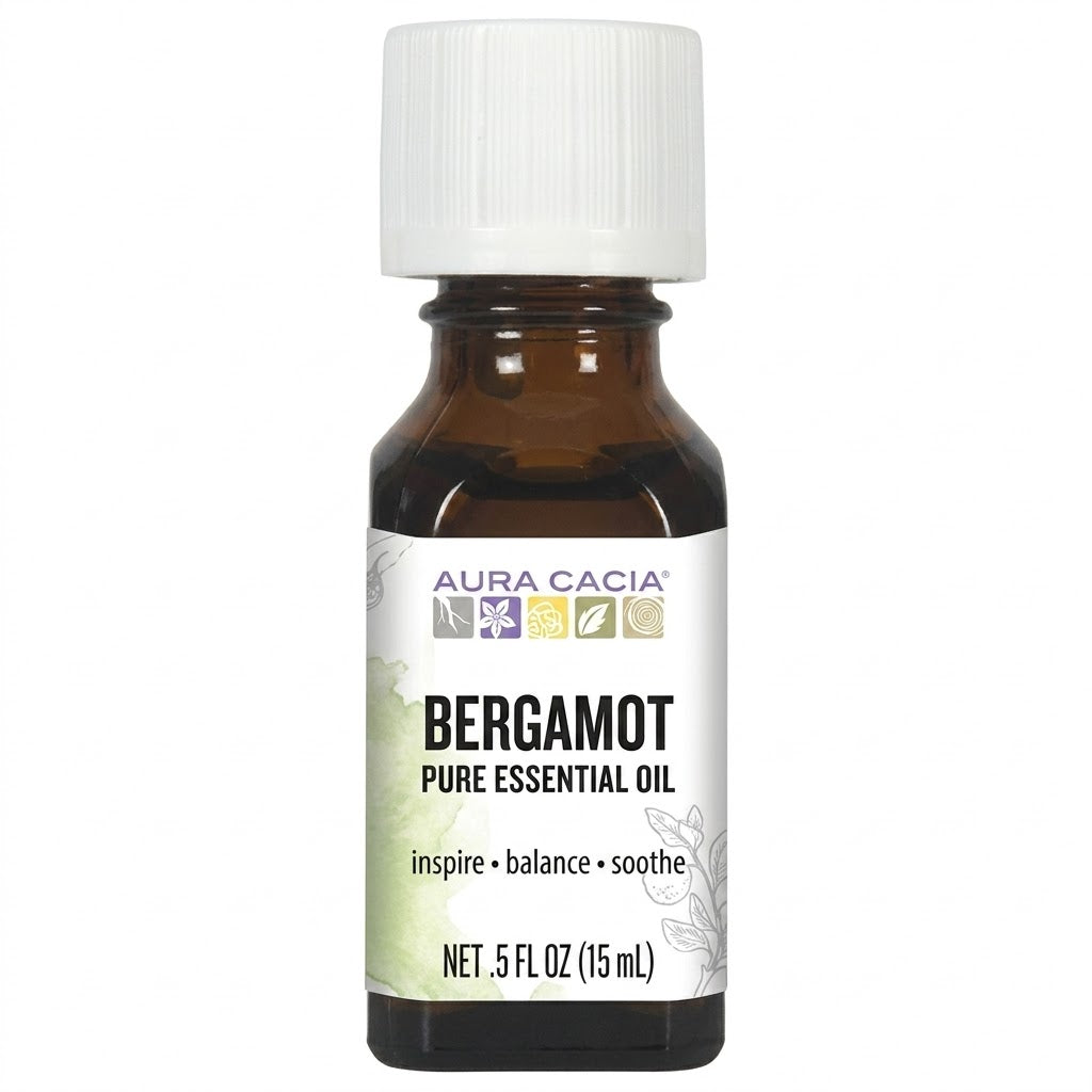 Aura Cacia Bergamot essential oil bottle on white background