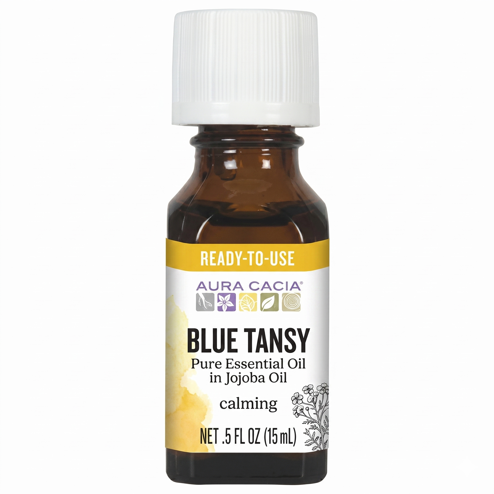 Aura Cacia Blue Tansy in Jojoba on a white background