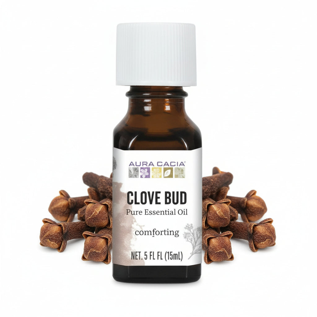 Aura Cacia Clove Bud essential oil bottle on white background