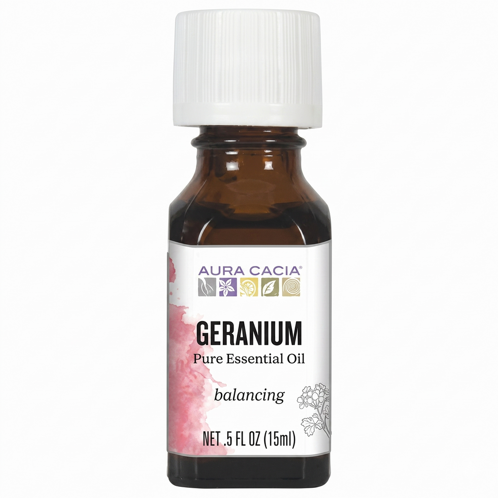 Aura Cacia Geranium pure essential oil bottle on a white background