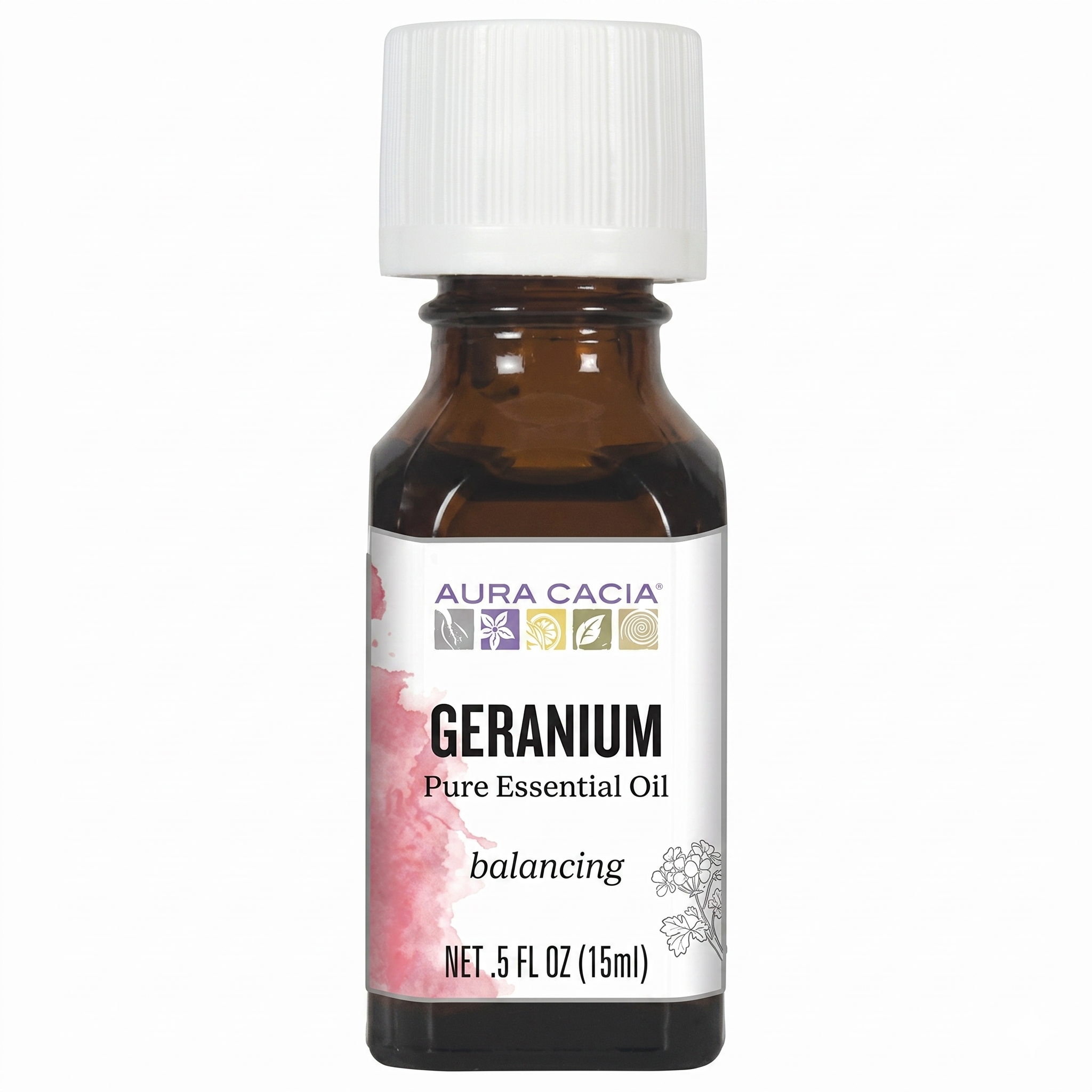 Aura Cacia Geranium pure essential oil bottle on a white background