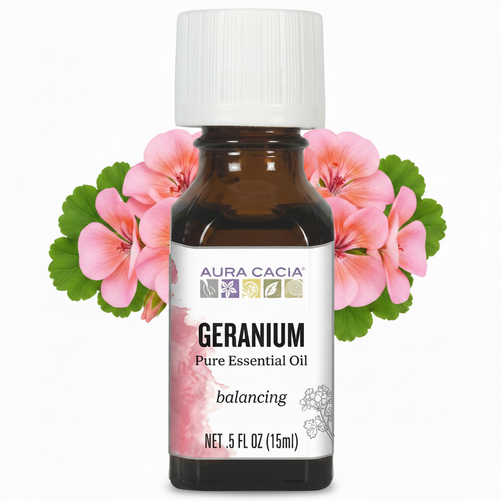 Aura Cacia Geranium essential oil with geranium flowers behind it