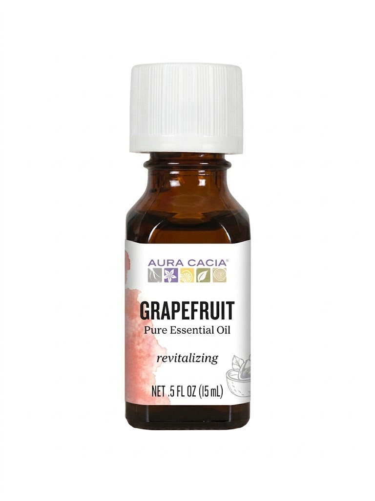 Aura Cacia Grapefruit essential oil on white background