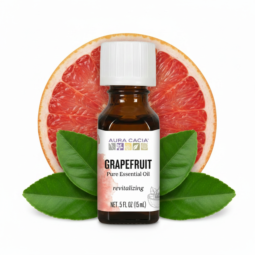 Aura Cacia Grapefruit essential oil with cut grapefruit behind