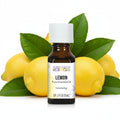 Aura Cacia Lemon essential oil bottle on white background