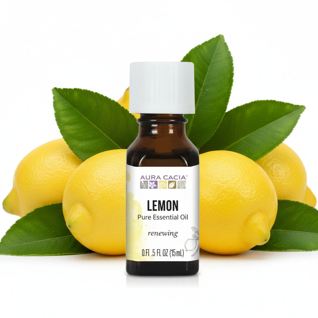 Aura Cacia Lemon essential oil bottle on white background