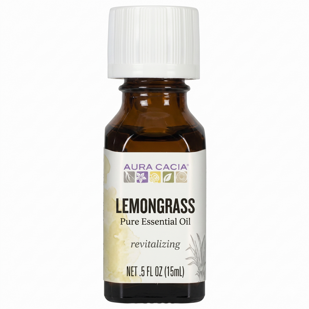 Aura Cacia Lemongrass essential oil on a white background