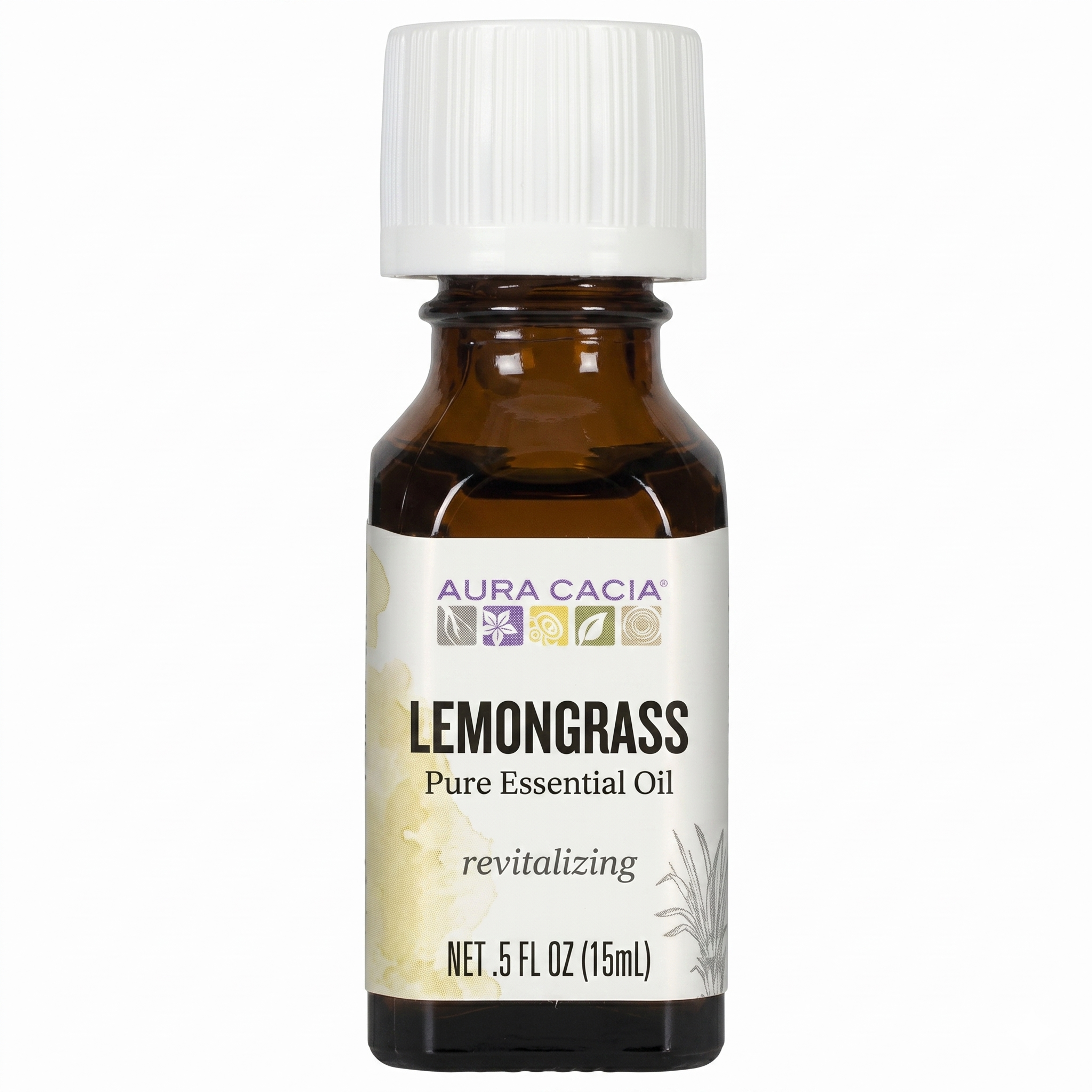 Aura Cacia Lemongrass essential oil on a white background